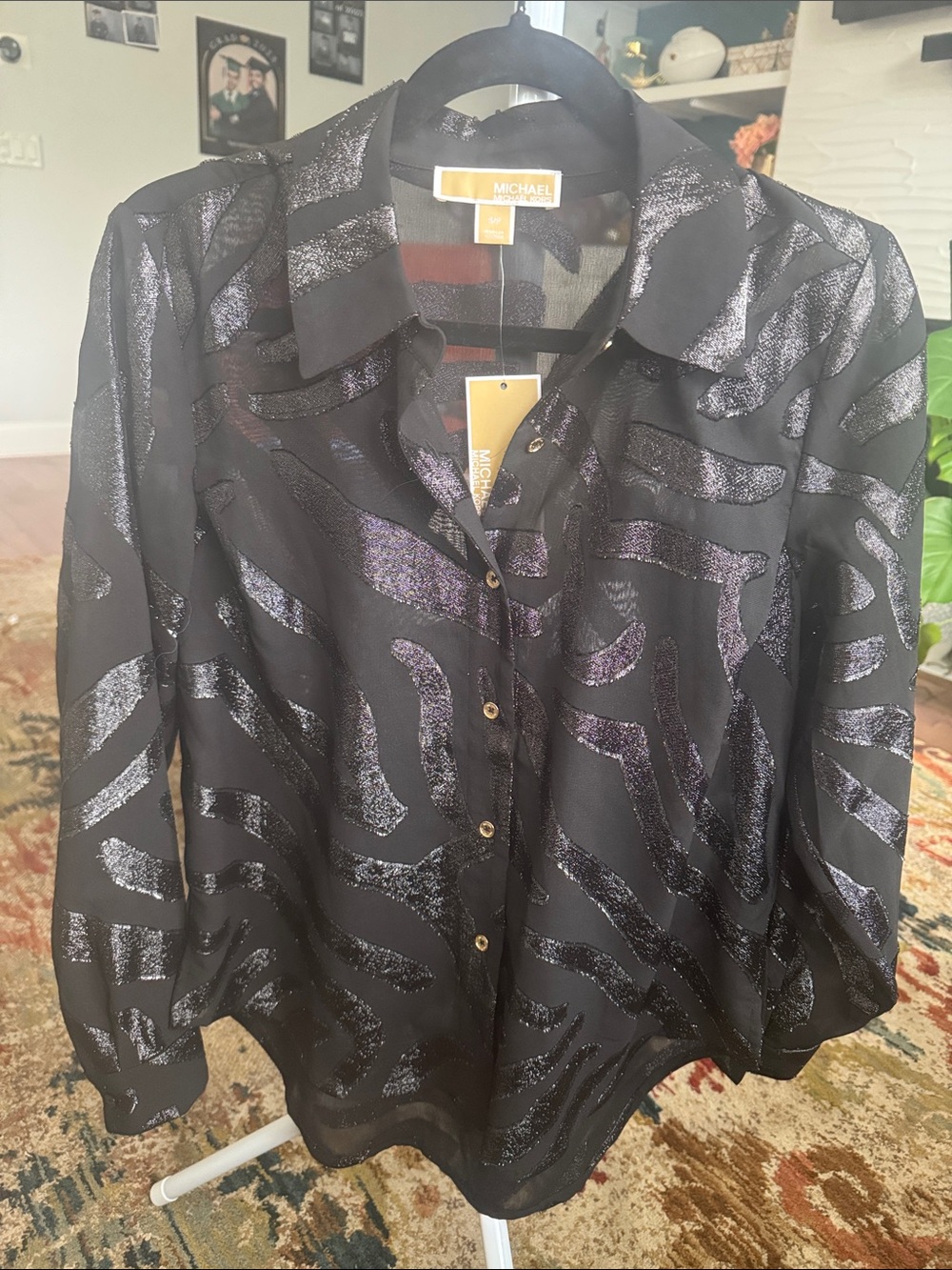Michael Kors Black Sheer Blouse with Metallic Purple Zebra Stripes NWT
